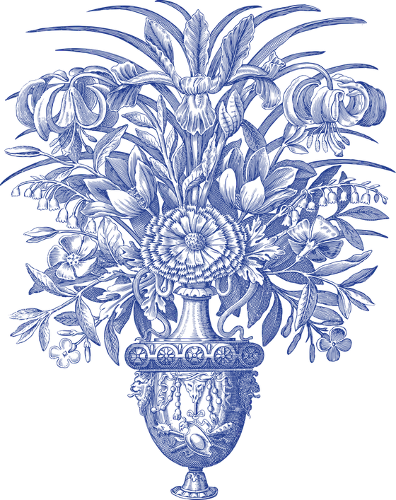 Cobalt engraving of flowers in an ornamental vase, painted across the tiles